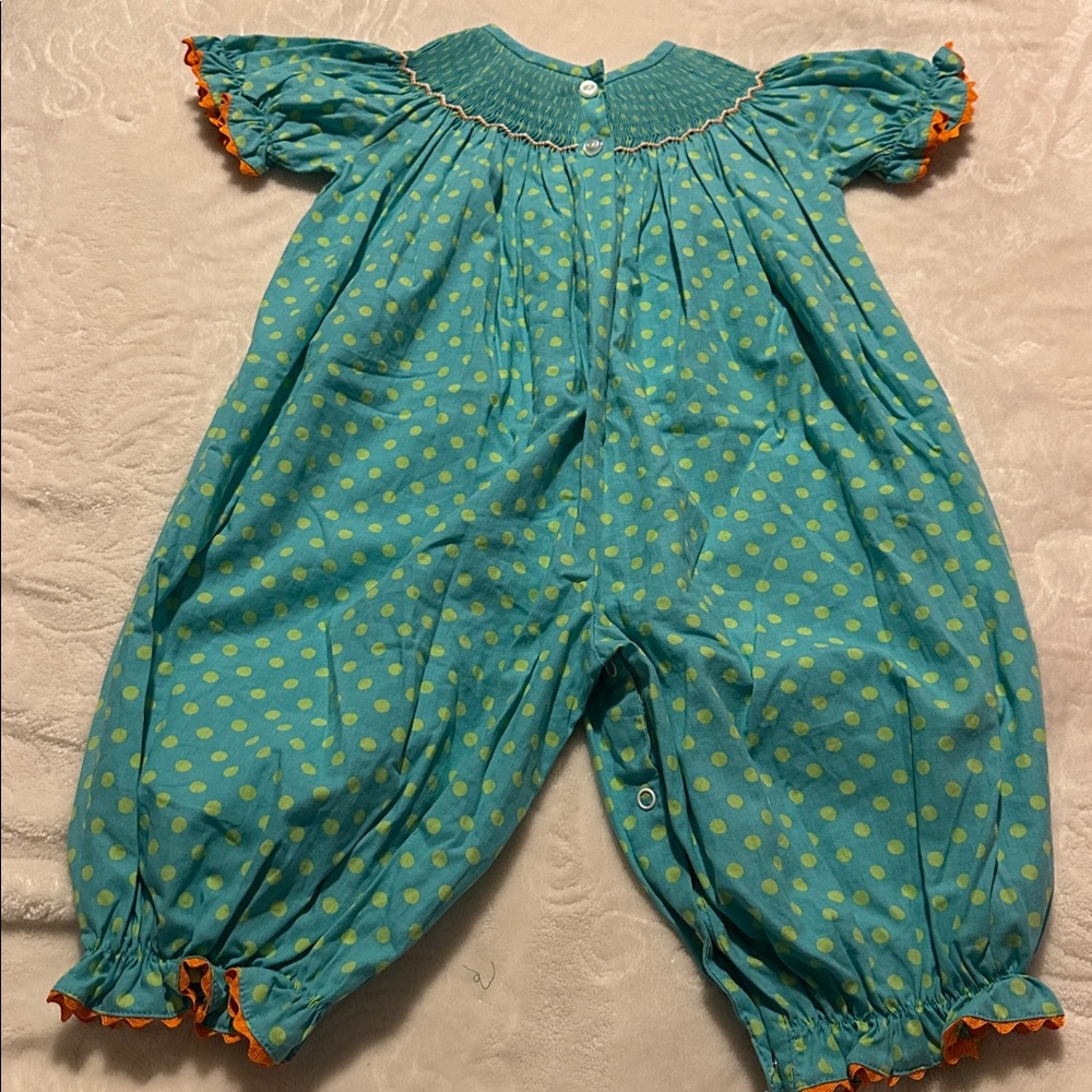 Smocked Auctions Smocked Pumpkin Polka Dot Long Bubble Romper 9 Months - Picture 5 of 5